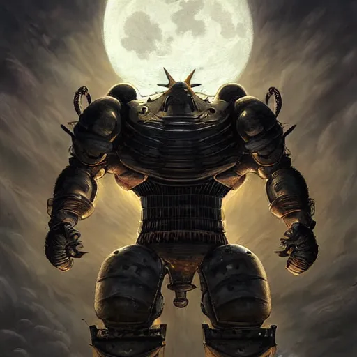 Image similar to A man facing a Giant Muscular hybrid of Spongebob and Mechagodzilla wearing Samurai outfit under the full moon illustration by Renato muccillo and Andreas Rocha and Johanna Rupprecht + dofus colors, wakfu colors + symmetry + greco-roman art, intricate ink illustration, intricate complexity, epic composition, magical atmosphere + wide long shot, wide angle + masterpiece, trending on artstation + 4k