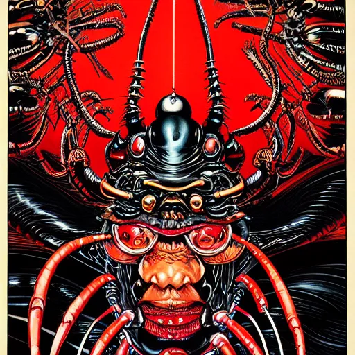 Image similar to portrait of crazy black lobster man, symmetrical, by yoichi hatakenaka, masamune shirow, josan gonzales and dan mumford, ayami kojima, takato yamamoto, barclay shaw, karol bak, yukito kishiro