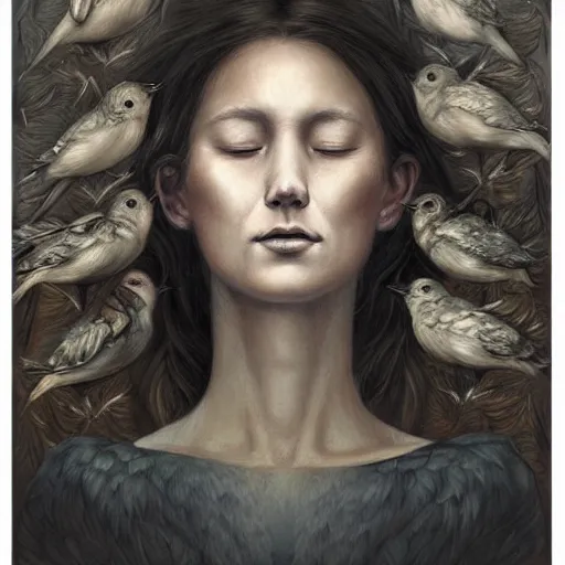 Image similar to an intricate detailed women without eyes portrait with birds by marco mazzoni