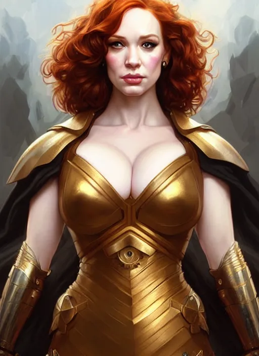 Image similar to valkyrie portrait of christina hendricks, beautiful face, highly detailed face!!!, extremely detailed!, digital painting, unreal engine 5, art by artgerm and greg rutkowski and alphonse mucha