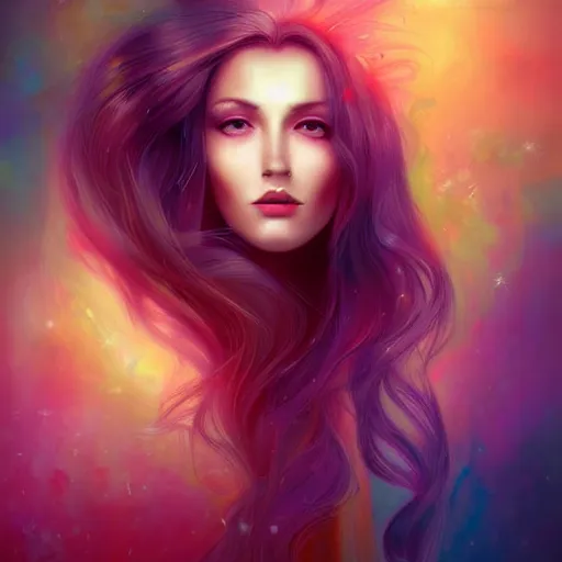 Image similar to a painting of a woman with long hair, digital art by anna dittmann, behance contest winner, psychedelic art, behance hd, detailed painting, iridescent