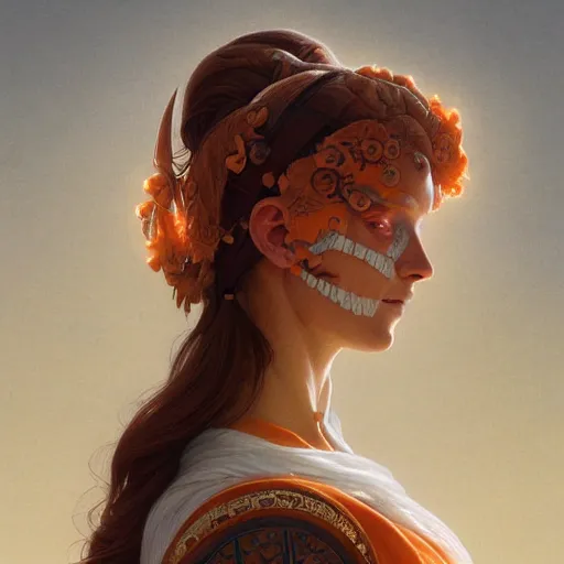 Image similar to portrait of a norse moon goddess with orange skin and a ceramic face mask, intricate, elegant, highly detailed, digital painting, artstation, concept art, smooth, sharp focus, illustration, art by artgerm and greg rutkowski and alphonse mucha and william - adolphe bouguereau