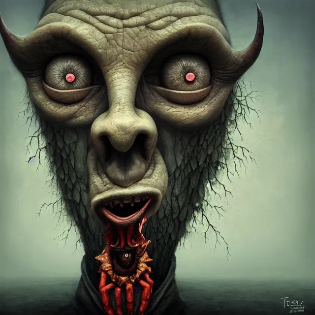 Prompt: gediminas pranckevicius | close up portrait of a the devil in the sinister valley of despair, one mouth, one nose, two eyes, oil painting by tomasz jedruszek, cinematic lighting, pen and ink, intricate line, hd, 4 k, million of likes, trending on artstation