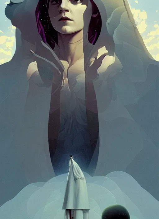 Prompt: poster artwork by Michael Whelan and Tomer Hanuka, Karol Bak of Emma Watson nun, on her knees, looking to the sky, from scene from Twin Peaks, clean