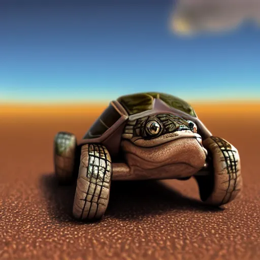 Image similar to turtle driving a car in the desert, highly detailed, realistic