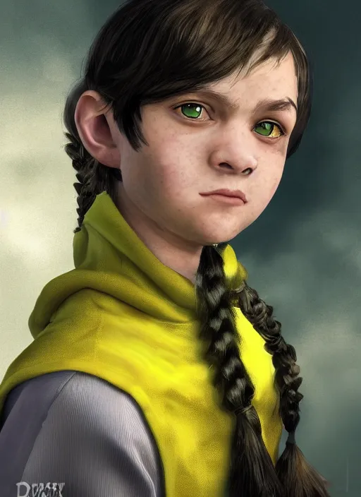 Prompt: An epic fantasy comic book style portrait painting of a young green-eyed feminine boy, fair skin, long brown hair worn in two pigtails, with his left pigtail being shorter than his right, he wears a yellow hoodie with a grey undershirt, unreal 5, DAZ, hyperrealistic, octane render, cosplay, RPG portrait, dynamic lighting