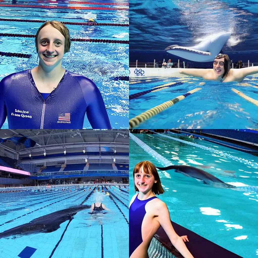 Prompt: Katie Ledecky posing with a blue whale in an Olympic swimming pool