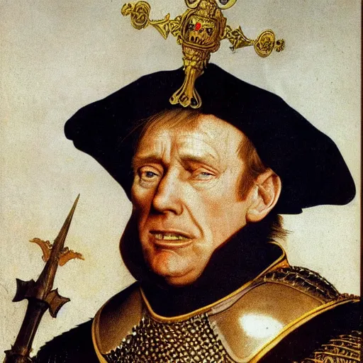 Image similar to donald trump wearing knights armor!!!!, donald trump holding a crazy broadsword, donald trump ’ s highly detailed face, donald trump ’ s handsome face, by hans holbein