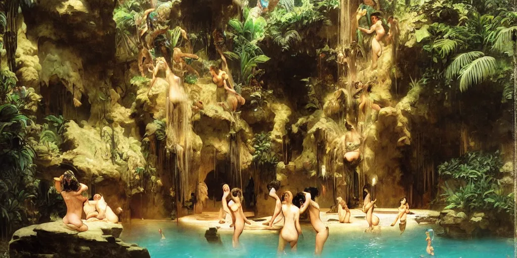 Image similar to a tropical cave that renovate as a luxury interior as a harem of beautiful women bathe in the waters and surround our protagonist by syd mead, frank frazetta, ken kelly, simon bisley, richard corben, william - adolphe bouguereau, flat lighting