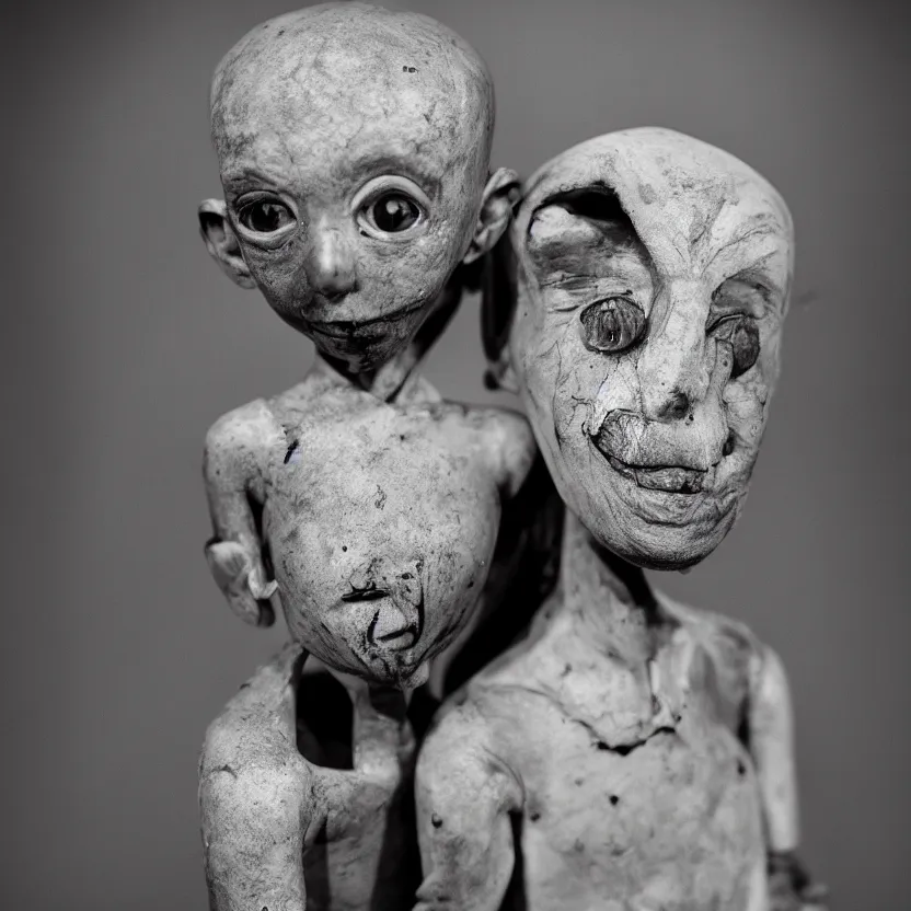 Prompt: creepy ventriloqiest dummy in the style of Roger Ballen, 4k, bw, portrait