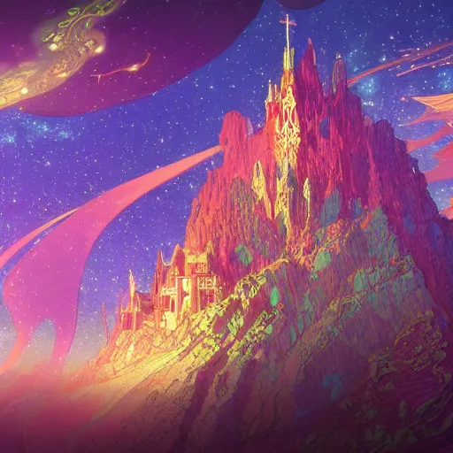 Image similar to a beautiful highly detailed digital art of colorful castle nebulas by, moebius, alphonse mucha, stars in the background, highly detailed, intricate design, cinematic view, 8 k resolution, octane render, matte painting, trending on artstation