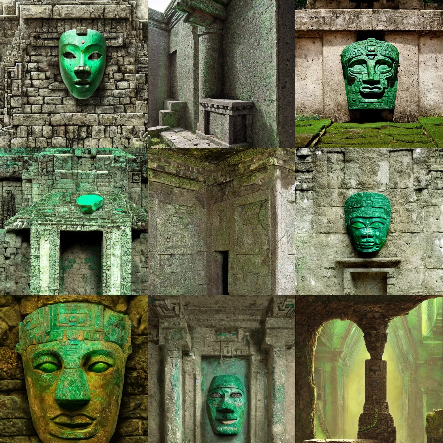 Prompt: emerald mask on a pedestal inside a forgotten mayan temple, stone and moss, 8 k painting by greg rutkowski