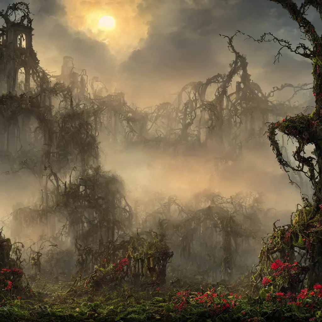 Image similar to An incredibly beautiful but ominous matte painting depicting a profusion of evil carnivorous vines and colorful flowers and lush exotic trees and bloated toadstools, with horrifying huge burning eyes and jagged bloody teeth, overgrowing a desolate ruins submerged in fog beneath the setting sun, nvidia, vray, evening, epic scale, octanerender