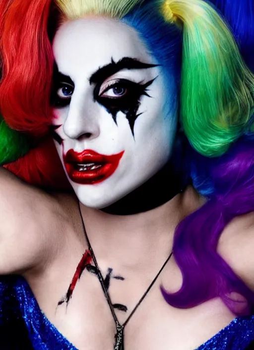 Image similar to portrait of Lady Gaga portraying Harley Quinn while dancing in the movie Joker 2023, dramatic cinematic lighting, extremely detailed facial features, award winning photograph by Annie Leibovitz, 8k