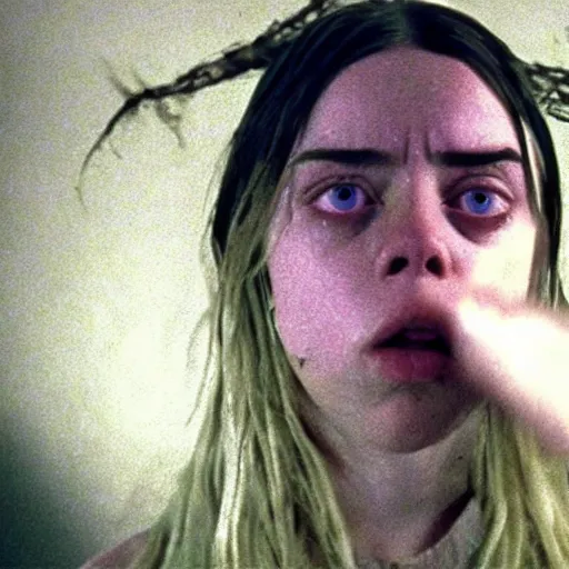 Image similar to found footage of Billie Eilish as the witch in The Blair Witch Project, movie still, horror