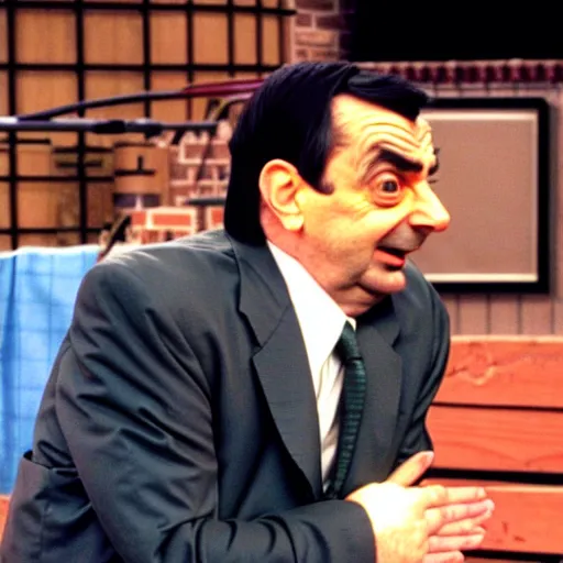 Image similar to mr. bean on the jerry springer show fighting with another guest.