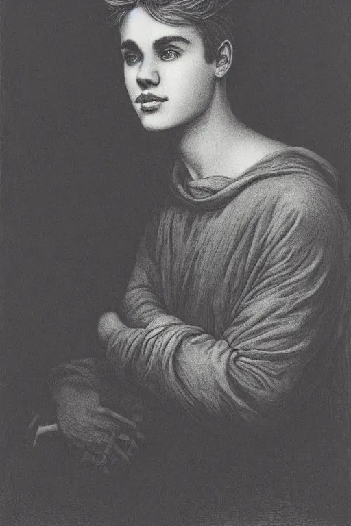 Prompt: portrait of Justin Bieber, Gustave Dore lithography