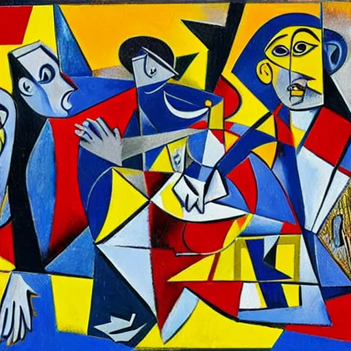 Prompt: a basketball player fighting the ball with two minotauro, dynamic, cubism, guernica style, picasso, big canvas