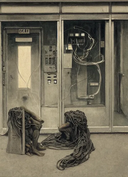 Prompt: 2 dark figures like statues covered in wires at a gas station with portable oxygen tank in the style of Edward Hopper and Francis Bacon and Norman Rockwell, Zdzislaw Beksinski, highly detailed, very coherent