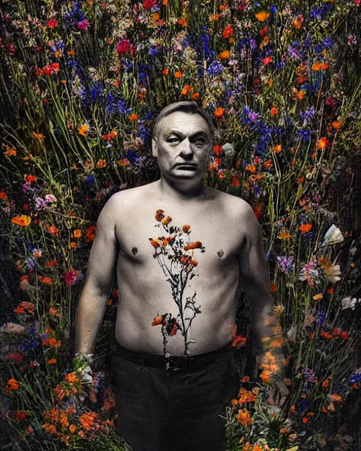 Prompt: viktor orban, made of wildflowers, in the style of the dutch masters and gregory crewdson, dark and moody