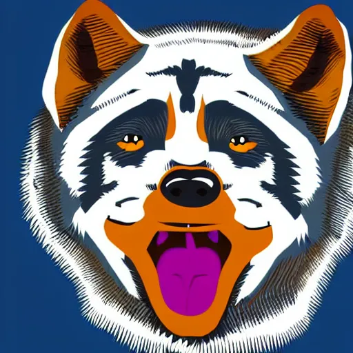 Image similar to portrait of retarded wolf, eyes in different directions, vivid colors, very poor, propaganda style, it looks sick, very ugly face, tongue out