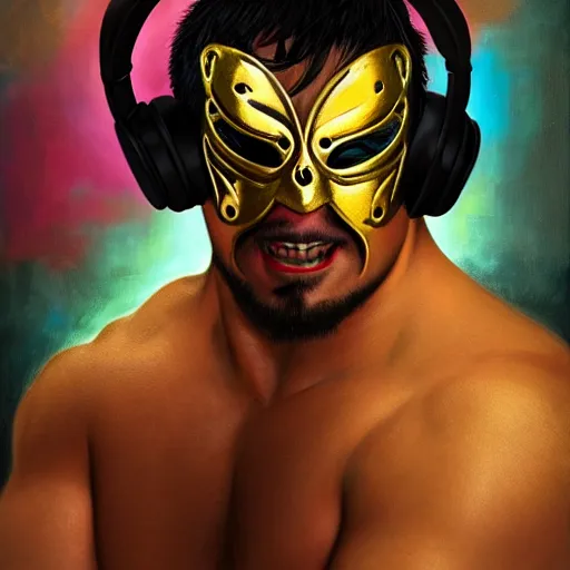 Image similar to portrait of vladimir putid as lucha libre dj, muscular, headphones, thick golden ring around the neck, fantasy, intricate, elegant, highly detailed, digital painting, artstation, concept art, smooth, sharp focus, illustration, art by artgerm and greg rutkowski and alphonse mucha