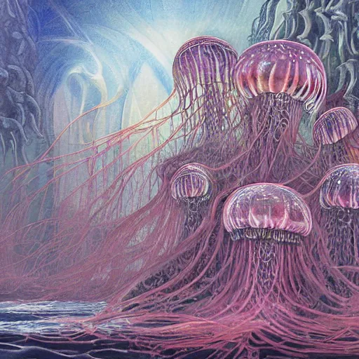 Prompt: A painting of priestesses worshipping at the jellyfish temple, shrouded in mist, jellyfish god, jellyfish priestess, jellyfish shrine maiden, 8K, illustration, art by Thomas Chamberlain-Keen, smoke, undersea temple with fish, cinematic, insanely detailed and intricate, hypermaximalist, elegant, super detailed, award-winning, magenta and crimson and cyan, rainbow accents, iridescence, bioluminescence, mysterious, ancient, ritual, trending in cgsociety, artstation HQ, ornate, elite, haunting, matte painting, beautiful detailed, insanely intricate details, dreamy and ethereal, otherworldly