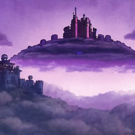 Image similar to castle in the sky, cyberpunk, studio ghibli, violet sky, anime background