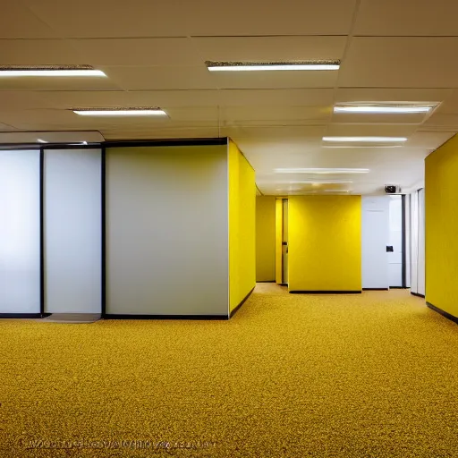 Image similar to office building interior, musty yellow carpet, yellow wallpaper, buzzing lights