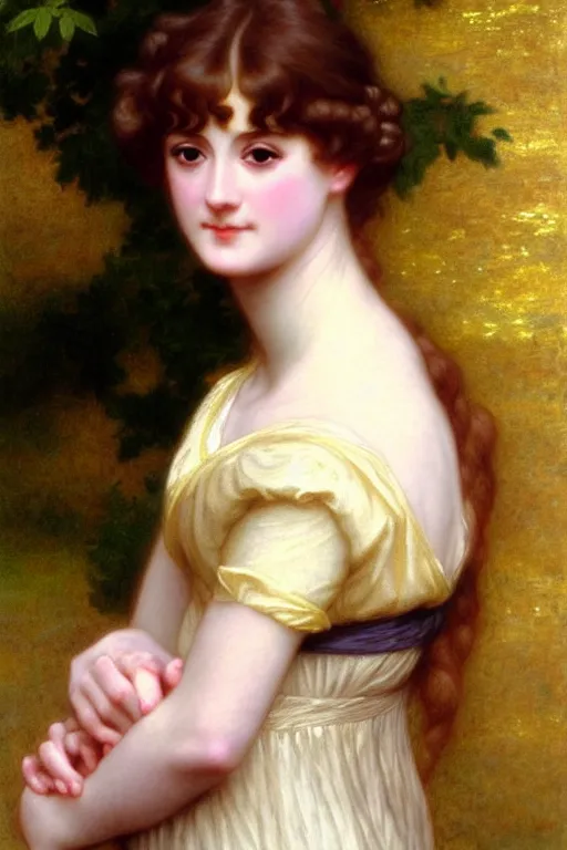 Image similar to jane austen gold hair, painting by rossetti bouguereau, detailed art, artstation