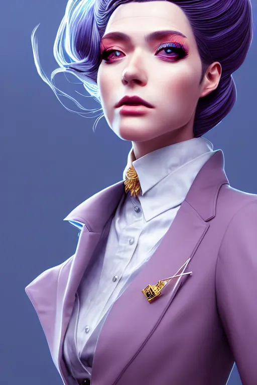 Image similar to hyperdetailed very close portrait of a european thirty years old woman in an elegant suit with a pin in a city inspired by ross tran and wlop and masamune shirow and kuvshinov, concept art, intricate, photorealistic, octane render, rtx, hdr, unreal engine, dnd digital art by artgerm fine face