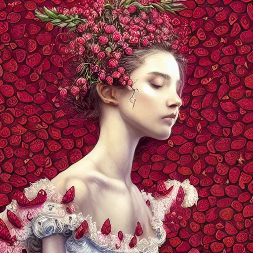 Image similar to the portrait of an absurdly beautiful, graceful, elegant, sophisticated, fashionable young woman made of strawberries and white petals looking down, an ultrafine hyperdetailed illustration by kim jung gi, irakli nadar, intricate linework, bright colors, octopath traveler, final fantasy, unreal engine 5 highly rendered, global illumination, radiant light, detailed and intricate environment