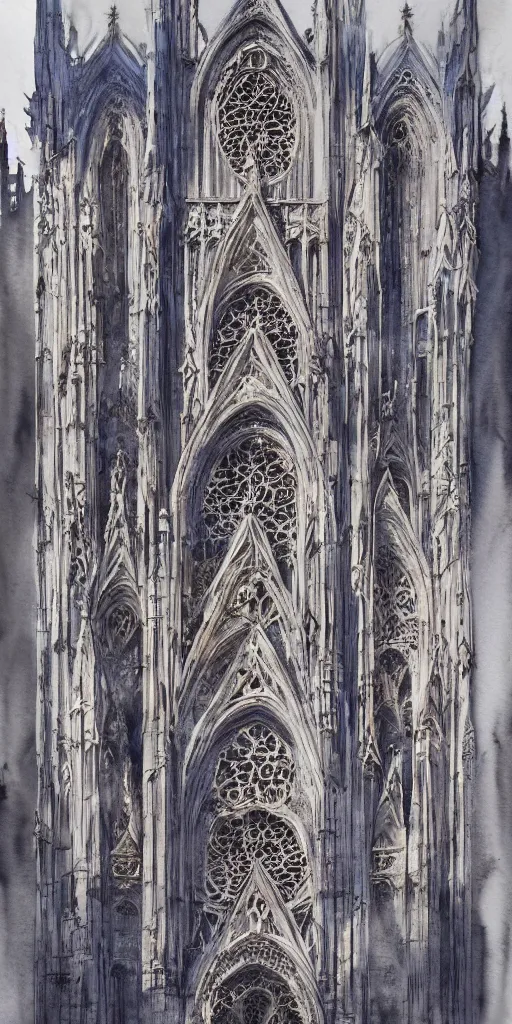 Prompt: A beautiful watercolor of the most emblematic facade of gothic, by albert kiefer, octane render, extremely detailed, architecture drawing, drawing, line drawing, pastel color, people, trending on artstation