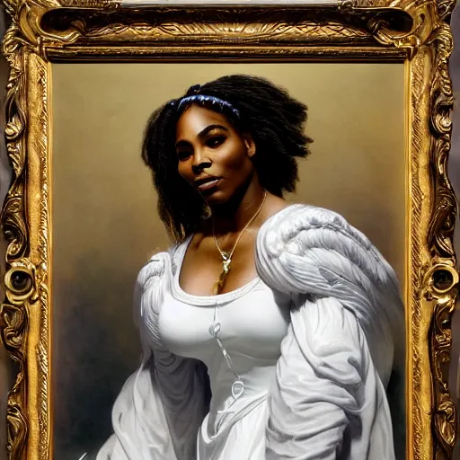 Image similar to Portrait of Serena Williams as Nike Goddess, large wings, luxuriant, dreamy, eternity, romantic, strong pose, highly detailed, in the style of Franz Xaver Winterhalter, highly detailed, in the style of Aetherpunk