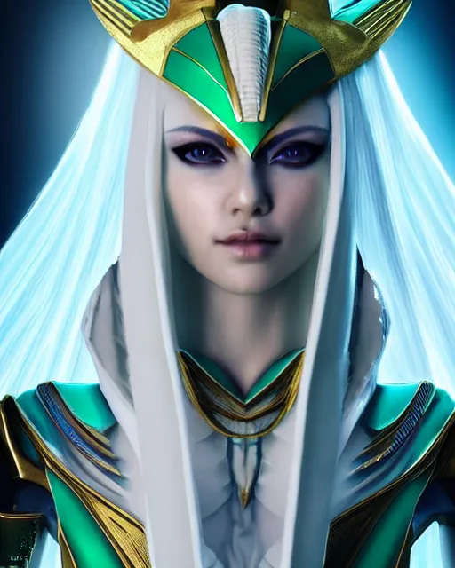 Image similar to perfect white haired attractive egyptian goddess, warframe armor, pharaoh headdress, beautiful, symmetric, dreamy, half asian, pretty face, green eyes, charlize theron, detailed, scifi platform, laboratory, experiment, 4 k, ultra realistic, epic lighting, android body, illuminated, cinematic, masterpiece, art by akihito tsukushi, voidstar