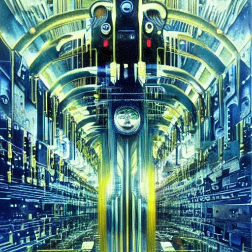 Prompt: The first artificial general intelligence awakens - award-winning digital artwork by Azimov, Dali, John Harris, H. R. Giger, Klimt, and John Berkey. Stunning lighting