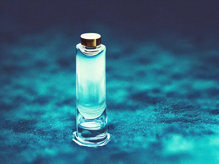 Prompt: perfume bottle standing on lilpadss in a deep blue pond ; 4 style of nicholas fols, 2 0 0 mm, mute dramatic colours, soft blur outdoor stormy sea background, volumetric lighting, hyperrealistic