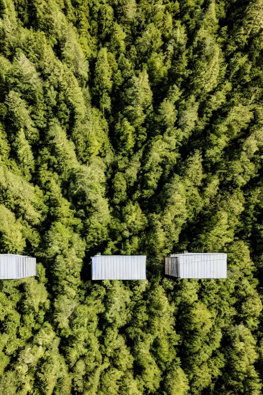 Prompt: sci fi nuclear containment buildings in a steep sided valley with trees, ufo flying around, a sense of hope and optimism, birds overhead, stark light, day time, unsplash, national geographic, hd, high res