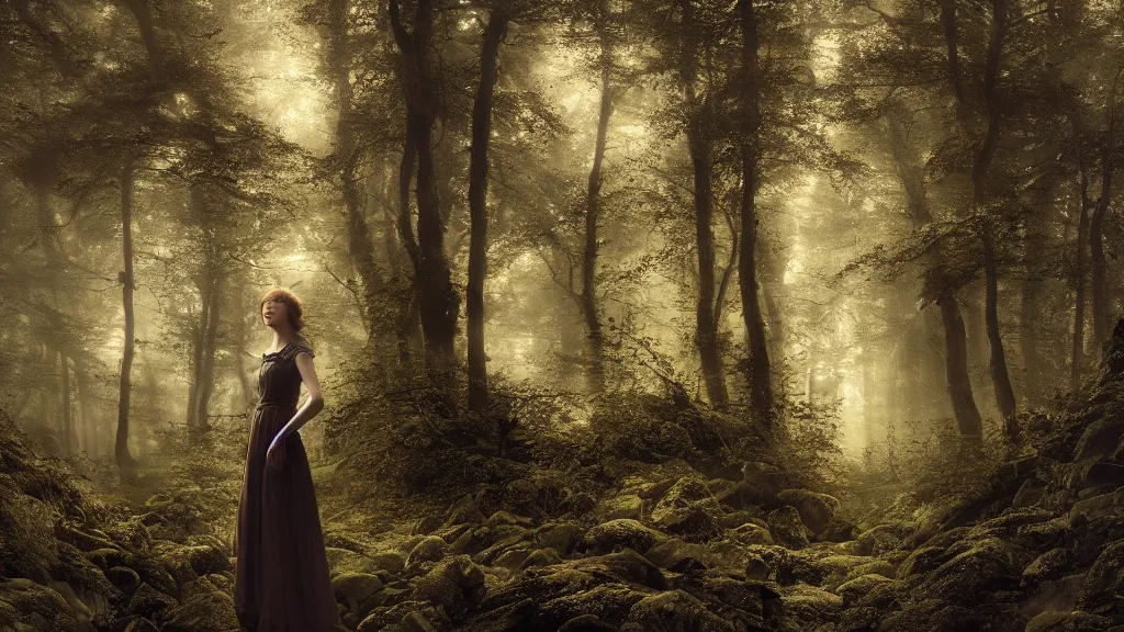 Image similar to eleanor tomlinson up close in the dark forest. andreas achenbach, artgerm, mikko lagerstedt, zack snyder, tokujin yoshioka