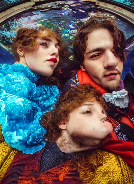 Prompt: detailed colourful masterpiece of photography by couple portrait sat down extreme closeup, love, inside an underwater train, detailed realistic expressions, wearing unusual clothes, by frederic leighton, ultra wide angle