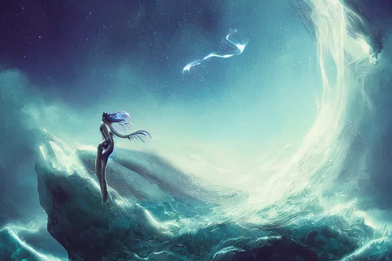 Image similar to glitched fantasy painting, the night sky is an upside down ocean, the stars are fish in the depths, the night sky is a sea, distant nebula are glowing algae, her hair is the milky way, the moon is an anglerfish by jessica rossier
