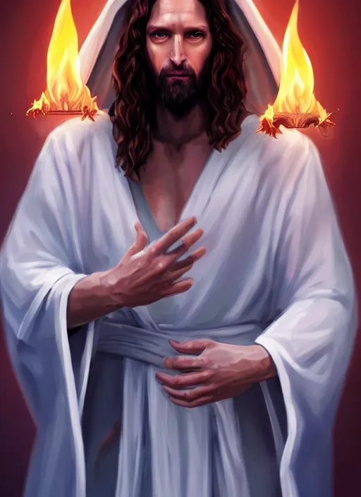 Prompt: « full length portrait of the white - tailed jesus in a white robe and flame in eyes, seven stars in right hand, grim - lighting, high - contrast, intricate, elegant, highly detailed, digital painting, artstation, concept art, smooth, sharp focus, illustration »