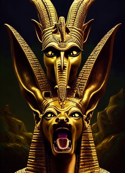 Image similar to angry god anubis, snarling jackal with egyptian pharaoh headdress and nemes, ornate art nouveau detail, black and gold palette, fantasy, intricate, elegant, highly detailed, colorful, dark colors, dramatic shadow, digital painting, artstation, concept art, art by artgerm and greg rutkowski and ruan jia,