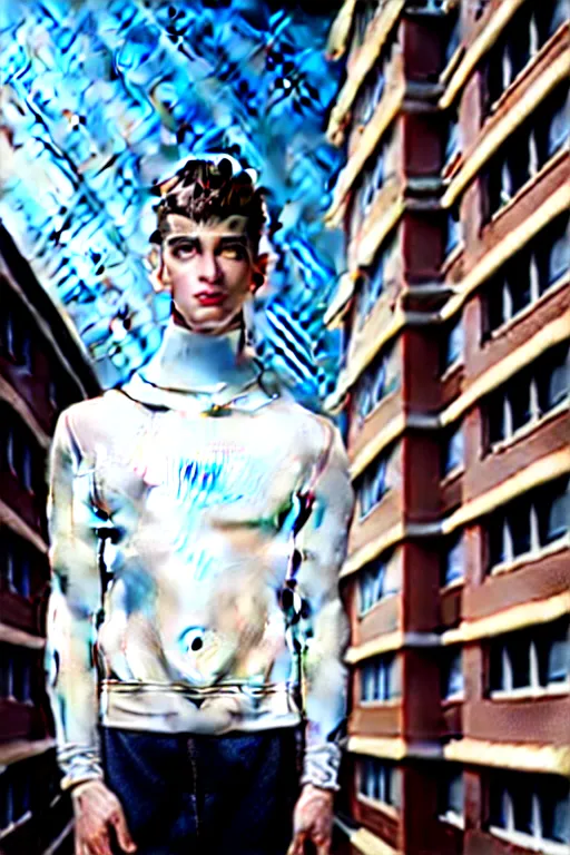 Image similar to un ultra high definition studio quality photographic art portrait of a young man standing on the rooftop of a british apartment building wearing soft padded silver pearlescent clothing. three point light. extremely detailed. golden ratio, ray tracing, volumetric light, shallow depth of field. set dressed.