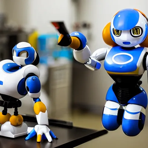 Prompt: photo of figma figures inside a diorama of a laboratory : : a cute female ball - jointed long - haired robot ( in the style of mega man ) is repairing computers. she is being helped by animal - shaped robots and abstract robots.
