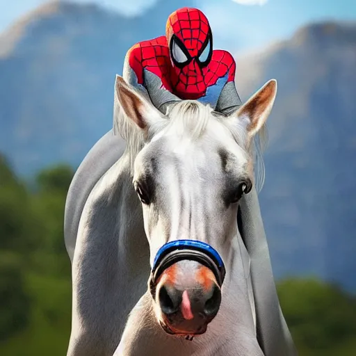 Image similar to a horse dressed as spider man