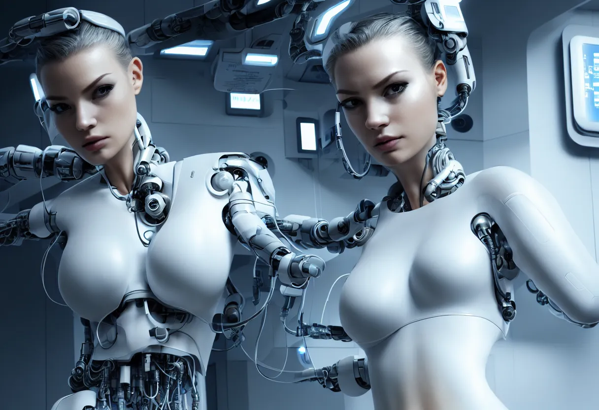 Prompt: Photo realistic render, centered in image a singular incredibly beautiful and alluring female cyborg looking into camera, in a clean futuristic advanced military medical bay with cables hanging from ceiling, cables on floor, beautiful face, voluptuous body, cyberpunk, sci-fi, fantasy, intricate, elegant, highly detailed, artstation, concept art, smooth, sharp focus, octane render, dramatic lighting, art by artgerm and greg rutkowski and alphonse mucha and wlop