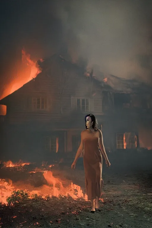 Image similar to Gregory Crewdson full color Photography, A woman walks calmly while her house is on fire