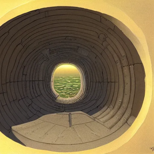 Image similar to side cutout view of a fantasy ctiy built into the walls of a cylindrical pit, painting by Peter Elson