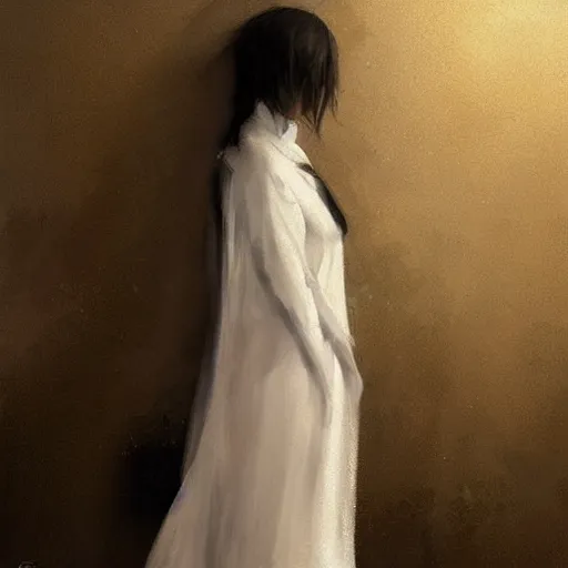 Image similar to A girl wearing a white dress and a black veil, hugging herself in a corner of a dark room hiding from demons by Greg Rutkowski, realism, trending on Artstation